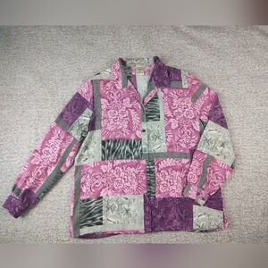 Allison Daley 16 WPatchwork Floral Print Button-Up Jacket in Pink Purple Gray